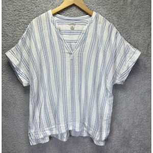 LL Bean Womens Cloud Gauze Shirt‎ 2X Short Sleeve Blue White Striped Relaxed Fit